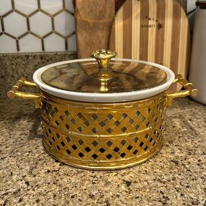 Vintage Hall 68 Bamboo Gold Lattice Stoneware Covered Dish